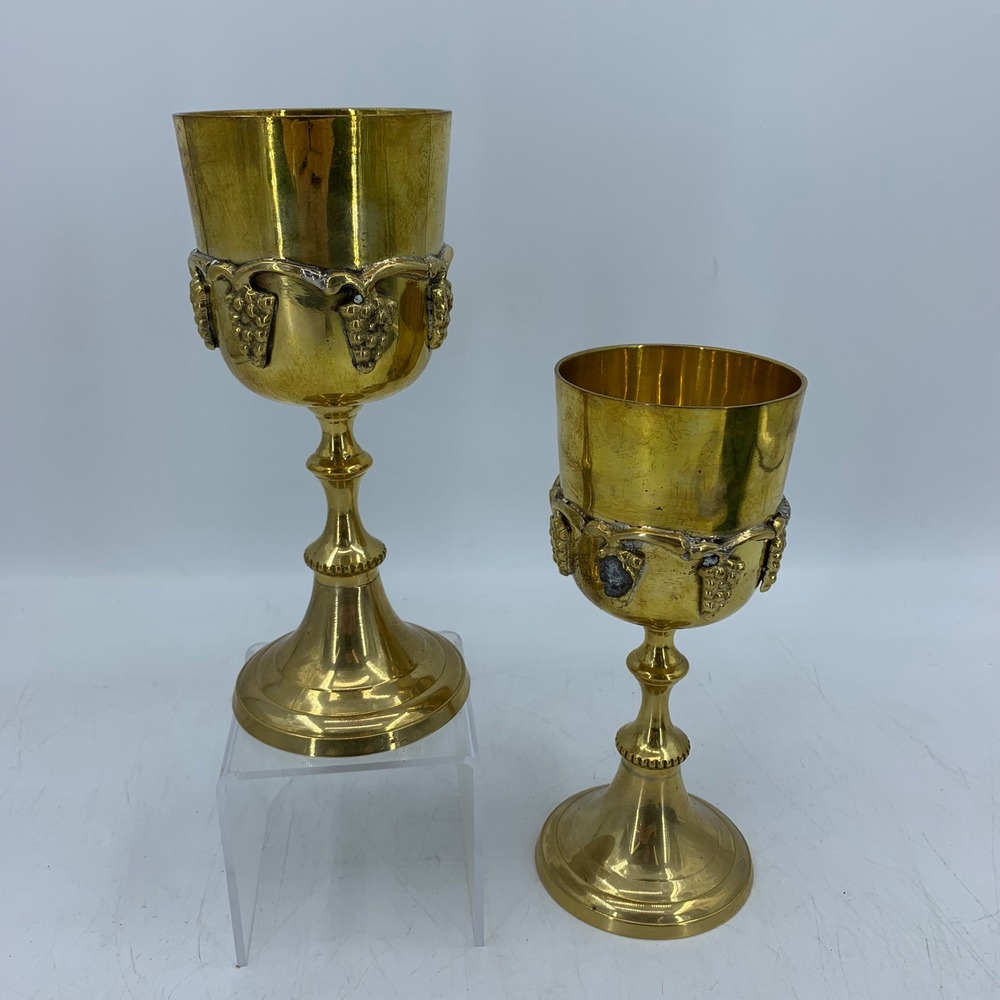Vintage Brass Chalice Goblet Cups Set 2 Embossed Grape Religious Communion